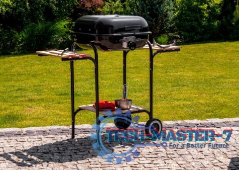 Duży grill ogrodowy z regulacją rusztu drewniane półki ModernHome Duży grill ogrodowy z regulacją rusztu drewniane półki ModernHome