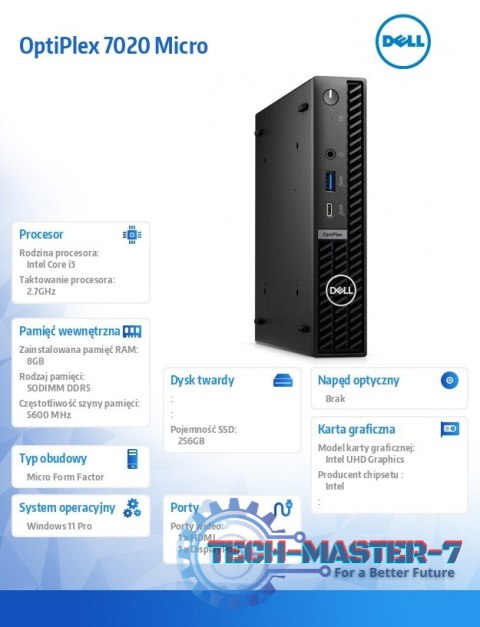 Komputer Optiplex MFF/Core i3-14100T/8GB/256GB SSD/Integrated/WLAN + BT/Kb/Mouse/W11Pro Komputer Optiplex MFF/Core i3-14100T/8GB/256GB SSD/Integrated/WLAN + BT/Kb/Mouse/W11Pro