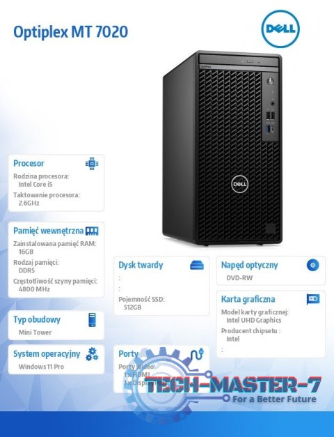 Komputer Optiplex MT/Core i5-14500/16GB/512GB SSD/Integrated/DVD RW/No Wifi/Kb/Mouse/W11Pro Komputer Optiplex MT/Core i5-14500/16GB/512GB SSD/Integrated/DVD RW/No Wifi/Kb/Mouse/W11Pro