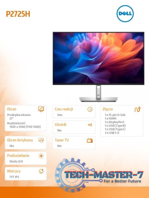 Monitor 27 cali P2725H IPS LED Full HD(1920x1080)/16:9/HDMI/DP/USB-C/VGA/USB/5Y Monitor 27 cali P2725H IPS LED Full HD(1920x1080)/16:9/HDMI/DP/USB-C/VGA/USB/5Y