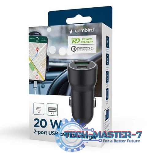 Ładowarka samochodowa USB-A/USB-C 20W PD czarna Ładowarka samochodowa USB-A/USB-C 20W PD czarna