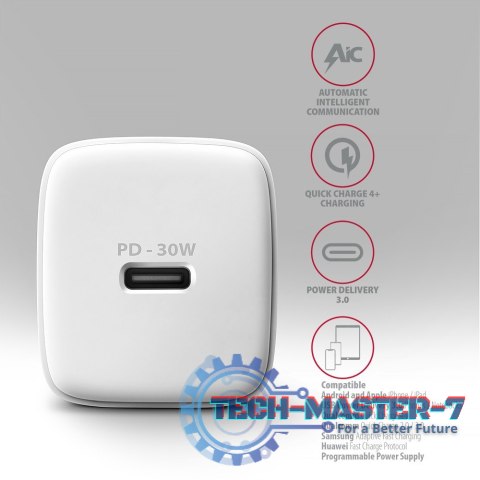 ACU-PD30W Ładowarka sieciowa PD 30W, 1x port USB-C, PD3.0/QC3.0/AFC/FCP/Apple Biała ACU-PD30W Ładowarka sieciowa PD 30W, 1x port USB-C, PD3.0/QC3.0/AFC/FCP/Apple Biała