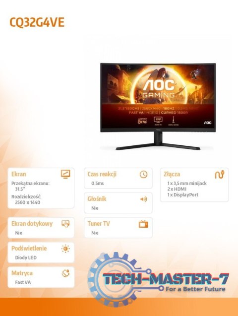 Monitor CQ32G4VE 31.5 cala Fast VA Zakrzywiony 180Hz HDMIx2 DP Monitor CQ32G4VE 31.5 cala Fast VA Zakrzywiony 180Hz HDMIx2 DP