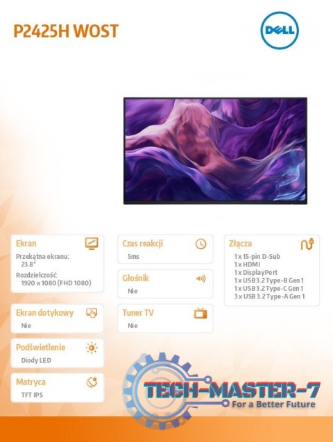 Monitor 23.8 cala P2425H WOST IPS 1920x1080/16:9/DP/HDMI/USBC/VGA/USB/No stand/3Y Monitor 23.8 cala P2425H WOST IPS 1920x1080/16:9/DP/HDMI/USBC/VGA/USB/No stand/3Y
