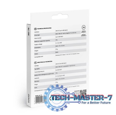 Obudowa na dysk zewnętrzny HDD / SSD 2.5" USB 2.0 AK-73 Obudowa na dysk zewnętrzny HDD / SSD 2.5" USB 2.0 AK-73
