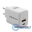 Ładowarka sieciowa 20W GaN | 5-20V | 1.5-3A | 1xUSB-C PD | 1xUSB QC 3.0 | Biała