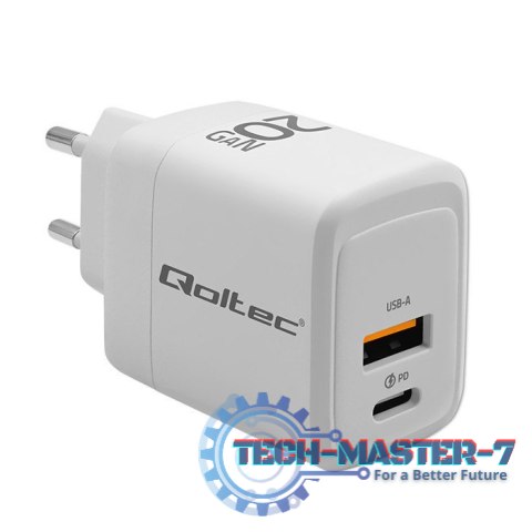 Ładowarka sieciowa 20W GaN | 5-20V | 1.5-3A | 1xUSB-C PD | 1xUSB QC 3.0 | Biała Ładowarka sieciowa 20W GaN | 5-20V | 1.5-3A | 1xUSB-C PD | 1xUSB QC 3.0 | Biała