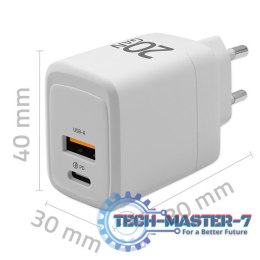 Ładowarka sieciowa 20W GaN | 5-20V | 1.5-3A | 1xUSB-C PD | 1xUSB QC 3.0 | Biała