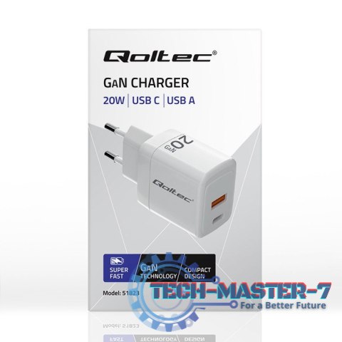 Ładowarka sieciowa 20W GaN | 5-20V | 1.5-3A | 1xUSB-C PD | 1xUSB QC 3.0 | Biała Ładowarka sieciowa 20W GaN | 5-20V | 1.5-3A | 1xUSB-C PD | 1xUSB QC 3.0 | Biała