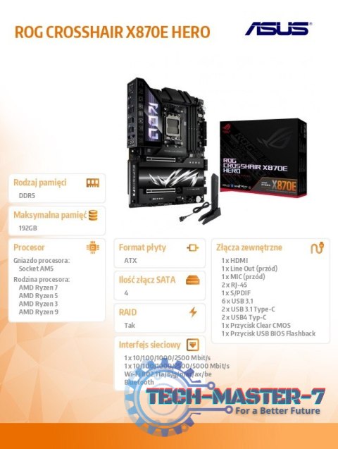 Płyta główna ROG CROSSHAIR X870E HERO AM5 4DDR5 HDMI/USB-C Płyta główna ROG CROSSHAIR X870E HERO AM5 4DDR5 HDMI/USB-C