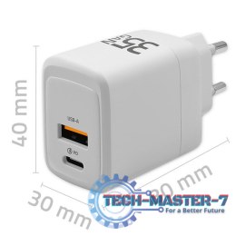 Ładowarka sieciowa 35W GaN | 5-20V | 1.5-3A | 1xUSB-C PD | 1xUSB QC 3.0 | Biała