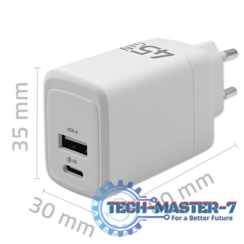 Ładowarka sieciowa 45W GaN | 5-20V | 1.5-3A | 1xUSB-C PD | 1xUSB QC 3.0 | Biała Ładowarka sieciowa 45W GaN | 5-20V | 1.5-3A | 1xUSB-C PD | 1xUSB QC 3.0 | Biała
