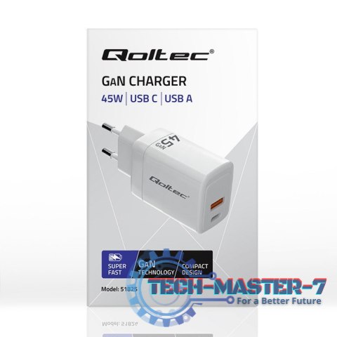 Ładowarka sieciowa 45W GaN | 5-20V | 1.5-3A | 1xUSB-C PD | 1xUSB QC 3.0 | Biała Ładowarka sieciowa 45W GaN | 5-20V | 1.5-3A | 1xUSB-C PD | 1xUSB QC 3.0 | Biała