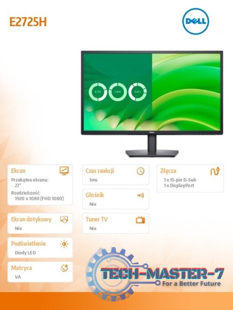 Monitor E2725H 27 cali VA LED FHD/(1920x1080)/16:9/DP/VGA/3Y Monitor E2725H 27 cali VA LED FHD/(1920x1080)/16:9/DP/VGA/3Y
