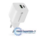 Ładowarka sieciowa GaN 1X USB, 1X USB-C 20W QC3.0 Biała