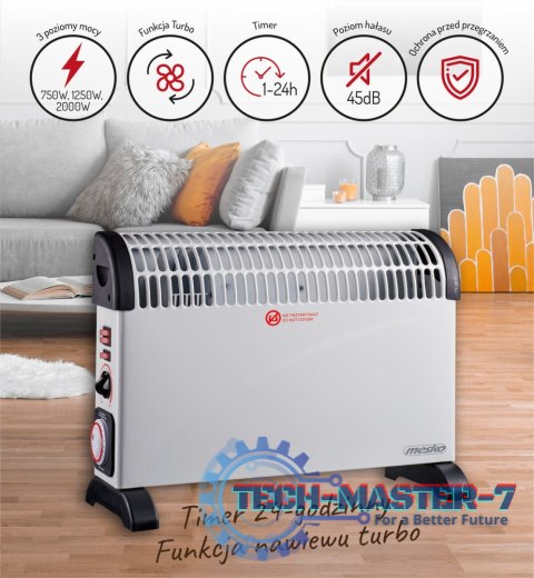 Grzejnik konwektorowy Mesko MS 7741w elektryczny Timer Turbo nawiew termostat 45dB 2000W Grzejnik konwektorowy Mesko MS 7741w elektryczny Timer Turbo nawiew termostat 45dB 2000W