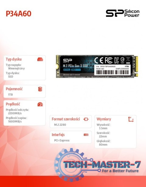 Dysk SSD P34A60 1TB PCIE M.2 NVMe 2200/1600 MB/s Dysk SSD P34A60 1TB PCIE M.2 NVMe 2200/1600 MB/s