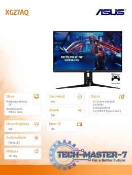 Monitor 27 cali XG27AQ ROG STRIX WQHD IPS 170Hz 1mGTG HDMIx2 DP USB3.0 Głośnik PIVOT