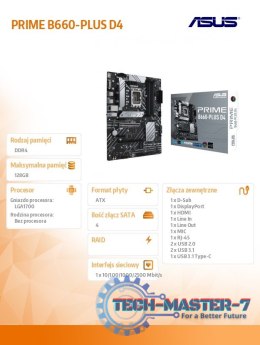 Płyta główna PRIME B660-PLUS D4 s1700 4DDR4 DP/HDMI M.2 ATX