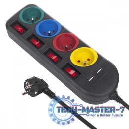 Listwa zasilająca z wyłącznikami 4 gniazda + 2xUSB przedłużacz MCE229B Czarna