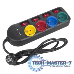 Listwa zasilająca z wyłącznikami 4 gniazda + 2xUSB przedłużacz MCE229B Czarna