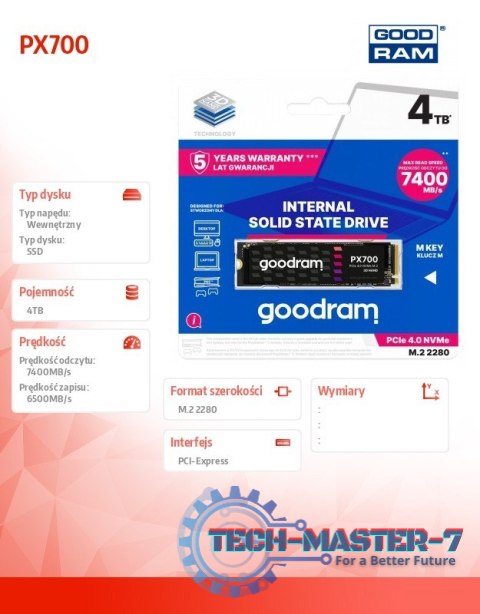 Dysk SSD PX700 4TB M.2 PCIe 2280 4x4 7400/6500MB/s Dysk SSD PX700 4TB M.2 PCIe 2280 4x4 7400/6500MB/s