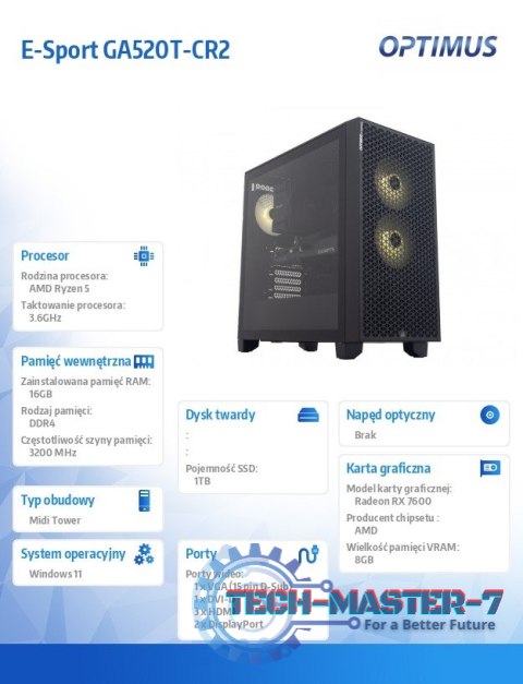 Komputer E-Sport GA520T-CR2 Ryzen 5 5600X/16GB/1TB/RX 7600 OC 8GB/W11 Komputer E-Sport GA520T-CR2 Ryzen 5 5600X/16GB/1TB/RX 7600 OC 8GB/W11