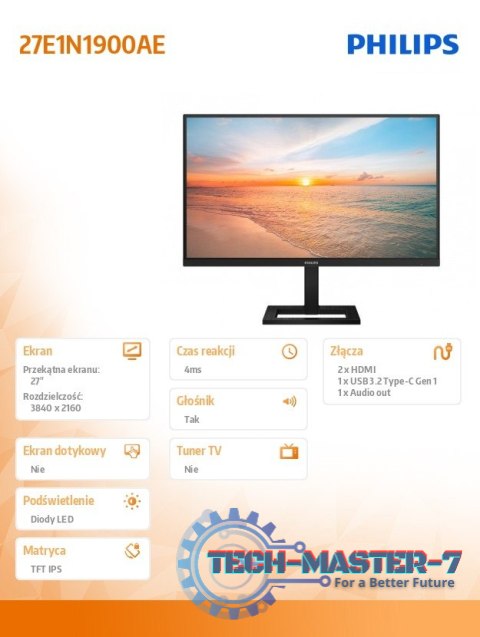 Monitor 27E1N1900AE 27 cali IPS 4K HDMIx2 USB-C HAS Głośniki Monitor 27E1N1900AE 27 cali IPS 4K HDMIx2 USB-C HAS Głośniki