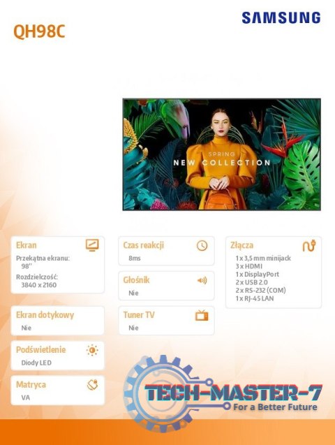 Monitor profesjonalny QH98C 98 cali Matowy 24h/7 700(cd/m2) 3840x2160 (UHD) S10 Player (Tizen 7) WiFi/BT 3 lata On-Site (LH98QHC Monitor profesjonalny QH98C 98 cali Matowy 24h/7 700(cd/m2) 3840x2160 (UHD) S10 Player (Tizen 7) WiFi/BT 3 lata On-Site (LH98QHC