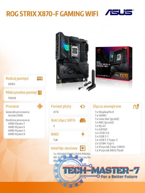 Płyta główna ROG STRIX X870-F GAMING WIFI 4DDR5 HDMI/USB-C/DP Płyta główna ROG STRIX X870-F GAMING WIFI 4DDR5 HDMI/USB-C/DP