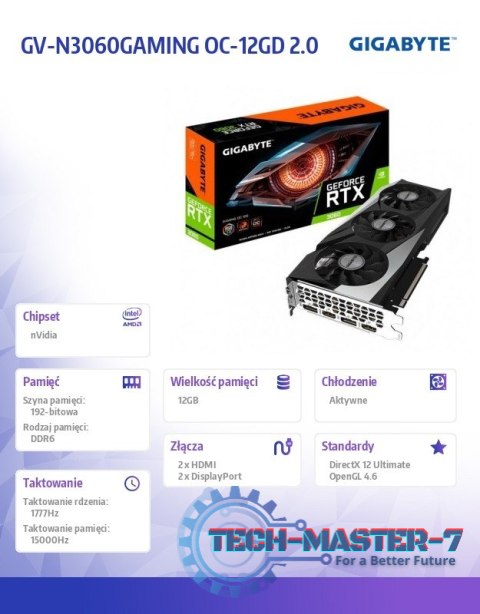 Karta graficzna GeForce RTX 3060 Gaming OC 2.0 12GB GDDR6 192bit LHR 2DP/2HDMI Karta graficzna GeForce RTX 3060 Gaming OC 2.0 12GB GDDR6 192bit LHR 2DP/2HDMI