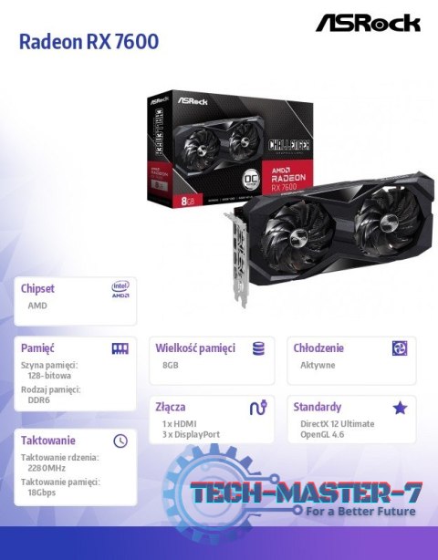 Karta graficzna Radeon RX 7600 Challenger 8G OC GDDR6 128bit Karta graficzna Radeon RX 7600 Challenger 8G OC GDDR6 128bit