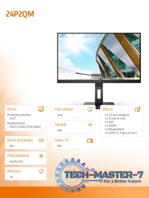 Monitor 24P2QM 23.8 cala VA 75 Hz HDMI DP DVI Pivot Monitor 24P2QM 23.8 cala VA 75 Hz HDMI DP DVI Pivot