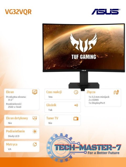 Monitor 32 cale VG32VQR 165Hz WQHD HDMI DP 1800R HDR400 Głośnik 400cd/m2 G-SYNC Regulacja wysokości 0-140mm Monitor 32 cale VG32VQR 165Hz WQHD HDMI DP 1800R HDR400 Głośnik 400cd/m2 G-SYNC Regulacja wysokości 0-140mm