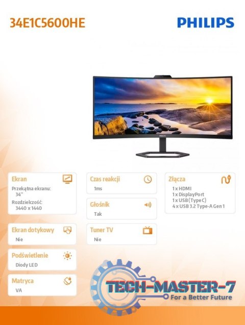 Monitor 34 cale 34E1C5600HE VA HDMI DP USB-C HAS Kamera Głośniki Monitor 34 cale 34E1C5600HE VA HDMI DP USB-C HAS Kamera Głośniki