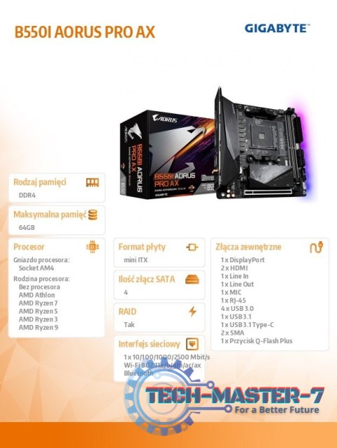 Płyta główna B550I AORUS PRO AX AM4 2DDR4 HDMI/DP mITX Płyta główna B550I AORUS PRO AX AM4 2DDR4 HDMI/DP mITX