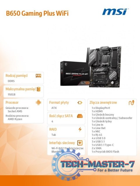 Płyta główna B650 GAMING PLUS WIFI AM5 4DDR5 HDMI/DP ATX Płyta główna B650 GAMING PLUS WIFI AM5 4DDR5 HDMI/DP ATX