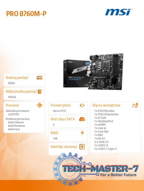 Płyta główna PRO B760M-P s1700 4DDR5 DP/HDMI 2M.2 mATX Płyta główna PRO B760M-P s1700 4DDR5 DP/HDMI 2M.2 mATX