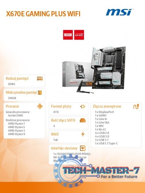 Płyta główna X670E GAMING PLUS WIFI AM5 4DDR5 HDMI ATX Płyta główna X670E GAMING PLUS WIFI AM5 4DDR5 HDMI ATX