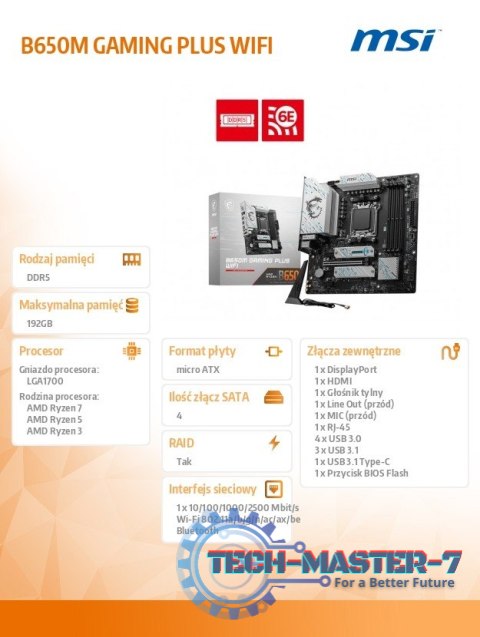 Płyta główna B650M GAMING PLUS WIFI AM5 4DDR5 HDMI/DP mATX Płyta główna B650M GAMING PLUS WIFI AM5 4DDR5 HDMI/DP mATX