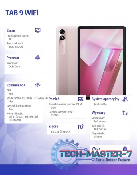Tablet TAB9 WiFi 11\\\" 6/256GB 8200mAh Różowy Tablet TAB9 WiFi 11\\\" 6/256GB 8200mAh Różowy