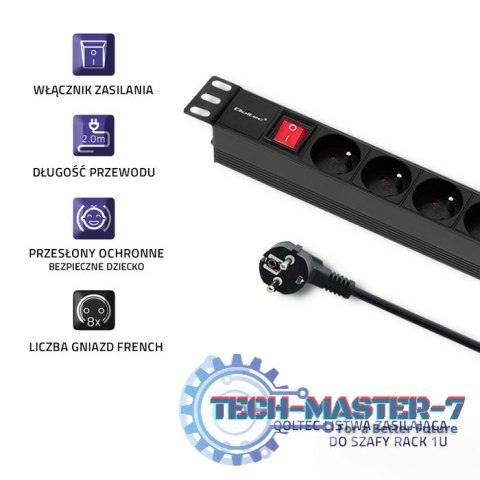Listwa zasilająca do szafy RACK 1U | 16A | PDU | 8xFRENCH | 2m Listwa zasilająca do szafy RACK 1U | 16A | PDU | 8xFRENCH | 2m