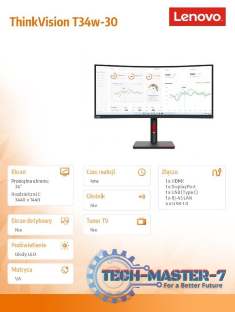 Monitor 34 cale ThinkVision T34w-30 WLED LCD 63D4GAT1EU Monitor 34 cale ThinkVision T34w-30 WLED LCD 63D4GAT1EU