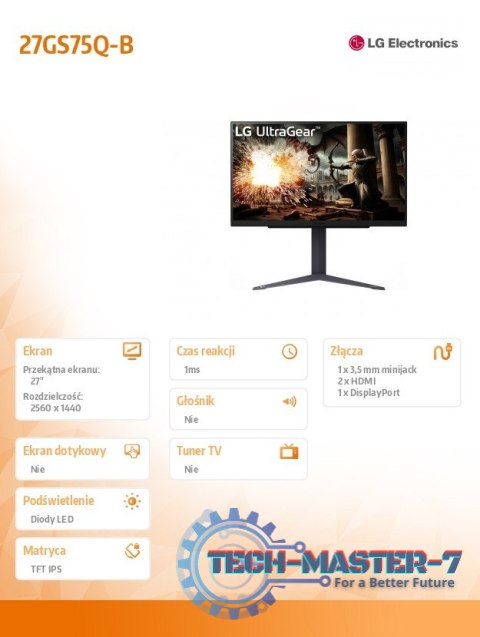 Monitor 27 cali 27GS75Q-B QHD UltraGear 200Hz, 1ms, 300cd, Pivot, HAS Monitor 27 cali 27GS75Q-B QHD UltraGear 200Hz, 1ms, 300cd, Pivot, HAS