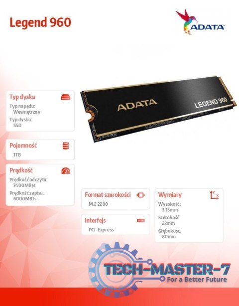Dysk SSD Legend 960 1TB PCIe 4x4 7.4/6 GB/s M2 Dysk SSD Legend 960 1TB PCIe 4x4 7.4/6 GB/s M2
