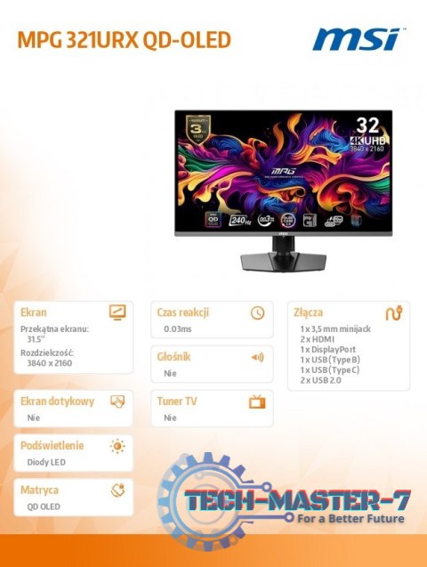 Monitor 31.5 cala MPG 321URX QD-OLED QD-OLED/LED/UHD/Flat/240Hz/czarny Monitor 31.5 cala MPG 321URX QD-OLED QD-OLED/LED/UHD/Flat/240Hz/czarny