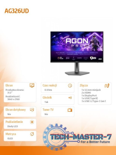 Monitor AG326UD 31.5 cala 4K QD-OLED 165Hz HDMIx2 DP Pivot Głośniki Monitor AG326UD 31.5 cala 4K QD-OLED 165Hz HDMIx2 DP Pivot Głośniki