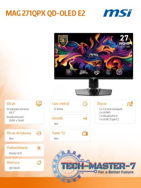 Monitor 26.5 cala MAG 271QPX QD-OLED E2 LED/WQHD/FLAT/240Hz/czarny Monitor 26.5 cala MAG 271QPX QD-OLED E2 LED/WQHD/FLAT/240Hz/czarny