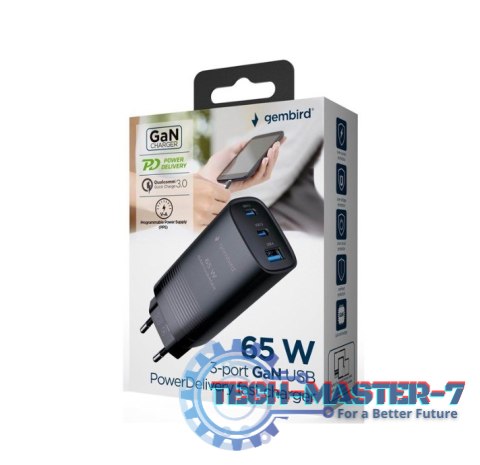 GEMBIRD SZYBKA ŁADOWARKA USB POWER DELIVERY USB TYPU C, 3X USB, 65 W, GAN CZARNA GEMBIRD SZYBKA ŁADOWARKA USB POWER DELIVERY USB TYPU C, 3X USB, 65 W, GAN CZARNA