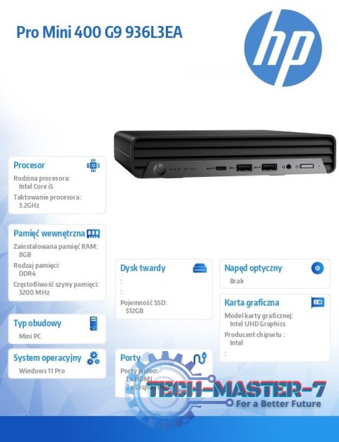 Komputer 400Mini G9Ri5-13500T 8GB/512GB/W11P 936L3EA Komputer 400Mini G9Ri5-13500T 8GB/512GB/W11P 936L3EA
